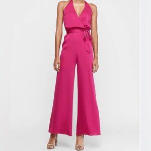 Express Fuschia Hot Pink Silky Satin Belted Halter Jumpsuit Wide Leg Sz S